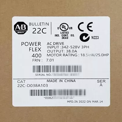 Buy NEW Allen-Bradley 22C-D038A103 PowerFlex 400 18.5 KW 25 HP AC Drive 22C-D038A103 • 1,420$