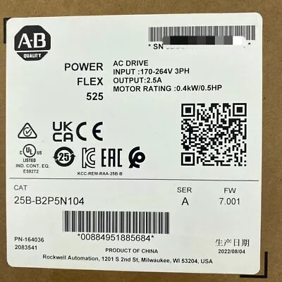 Buy New Allen-Bradley 25B-B2P5N104 SER A PowerFlex 525 AC Drive 240V 0.4kW 0.5HP • 332.53$