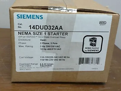 Buy Siemens 14dud32aa Nema Size 1 Starter 3-ph 3-p W/esp200 Over Load Relay • 345$