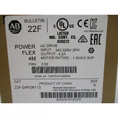 Buy 22F-D4P2N113 New  Allen-Bradley PowerFlex 4M- 1.5 KW  AC Drive Factory Sealed • 282$