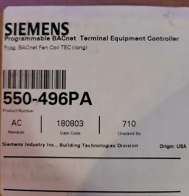 Buy SIEMENS 550-496PA Programmable BACnet Terminal Equipment Controller • 203.50$