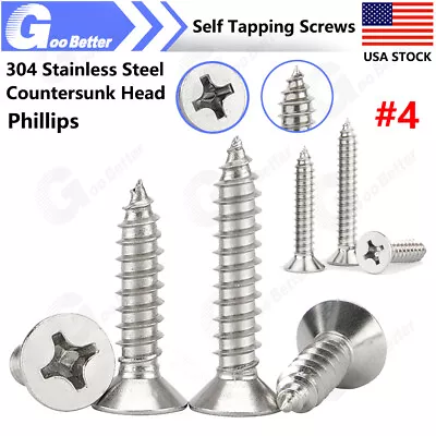 Buy #4 304 Stainless Steel Phillips Flat Countersunk Head Self Tapping Wood Screws • 7.79$