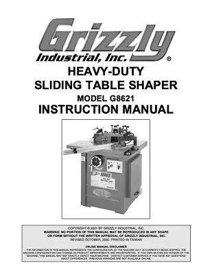 Buy Owner’s Manual Instructions Grizzly Heavy-Duty Sliding Table Shaper -Model G8621 • 18.95$