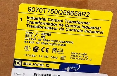 Buy NEW Square D 9070T750Q56658R2 Schneider Electric Industrial Control Transformer • 749.89$