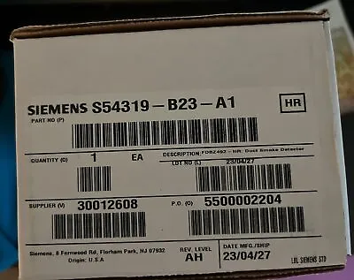 Buy Fire Alarm Siemens S54319-B23-A1 Duct Smoke Detector New Free Shipping • 117$