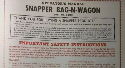 Buy SNAPPER Riding Lawn Mower Tractor BAG-N-WAGON Owner, Service & Parts Manual • 32.29$