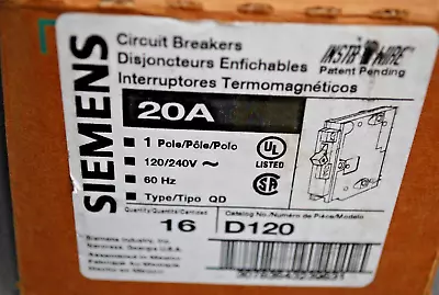 Buy Box Of 16- Siemens D120 20A 1P 120/240V Type QD Bolt On Circuit Breaker Surplus • 149.99$