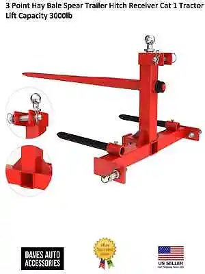 Buy 3 Point Hay Bale Spear Trailer Hitch Receiver Cat 1 Tractor Lift Capacity 3000lb • 377.98$