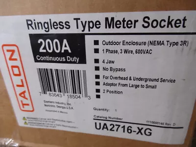 Buy Siemens/Talon Ringless Type Meter Socket 200A 600VAC (1 Phase) UA2716-XG  NEW • 425$