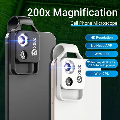 Buy APEXEL 200x Magnification Clip Magnifier Microscope With LED CPL For Smart Phone • 18.99$