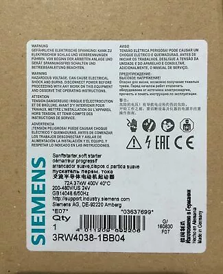 Buy One New Siemens 3RW4038-1BB04 SIRIUS Soft Starter S2 72A 37KW/400V PLC MODULE • 1,010$