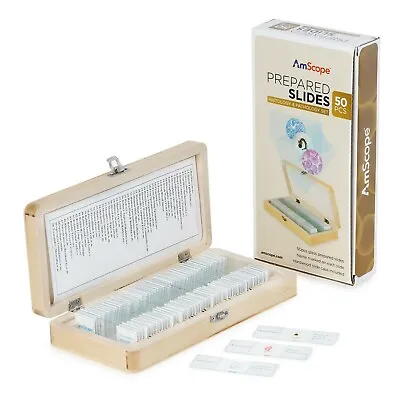Buy Amscope 50pc Prepared Microscope Histology & Pathology Slide Specimens+Wood Case • 29.99$