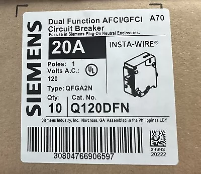 Buy Siemens Q120DFN Arc-Fault/Ground-Fault Dual Function Circuit Breaker 10 COUNT • 390$