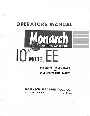 Buy Metal Lathe Operator Maintenance Manual Fits MONARCH 10EE Older • 19.97$
