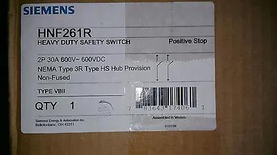 Buy New In Factory Box Siemens HNF261R 2 Pole 30 Amp 600 Volt Disconnect 3R  • 104.99$