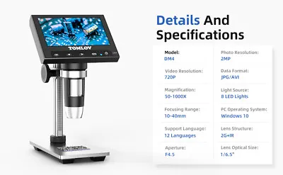 Buy TOMLOV 4.3  1080P LCD Digital Microscope 1300X Coin Magnifier Soldering Camera • 43.59$