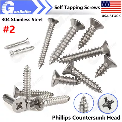 Buy #2 304 Stainless Steel Phillips Flat Countersunk Head Self Tapping Wood Screws • 8.49$