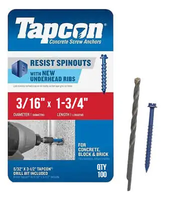 Buy Tapcon 3/16  X 1-3/4  Hex Head Concrete Anchor Screws 3141407 | 100 Pack | Drill • 22.50$