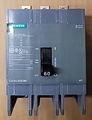 Buy Siemens BQD360 Circuit Breaker 60 Amp 3 Pole 60A BQD 3P 480/277 Volt • 115$