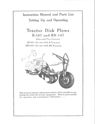 Buy IH Farmall B BN B-147 BN-147 1 Or 2 Disc Turning Plow Operator's + Parts Manual  • 25$