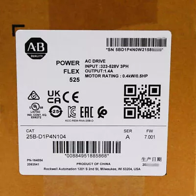 Buy New Allen Bradley 25B-D1P4N104 PowerFlex 525 0.4kW AC Drive Factory Sealed • 298.99$