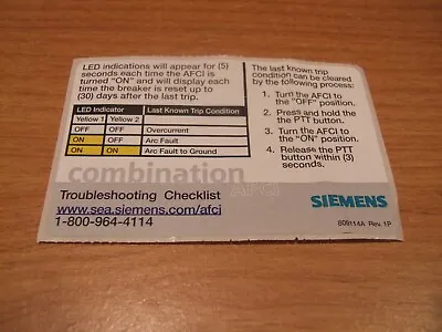 Buy Siemens Arc Fault AFCI Sticker Labelt Circuit Breaker Instructions Panel • 2.50$