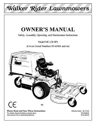 Buy Lawnmower Operator Instruction Maintenance Manual Fits Walker Rider 18HP 3-61061 • 17.85$