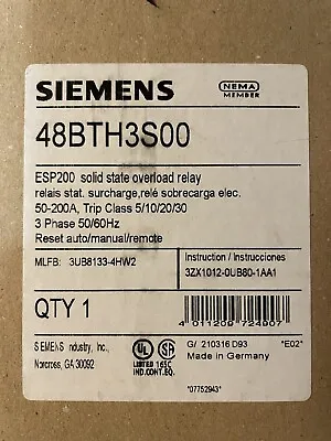 Buy Siemens Esp200 Overload Relay 48bth3s00 , 50-200a , 600v New • 220$