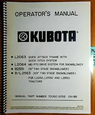 Buy Kubota B2551 51  & B/L 2563 63  2 Stage Snowblower For L2250 L2550 L2850 Manual • 16.49$