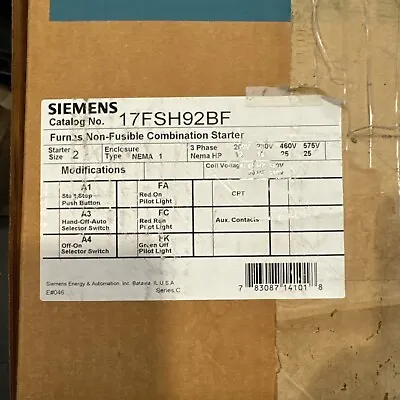 Buy Siemens Non-fusible Combination Starter 17fsh92bf-new • 700$