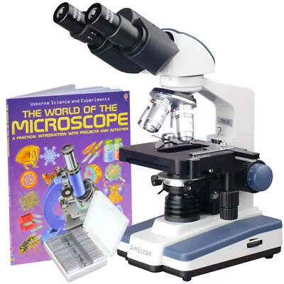 Buy AmScope 40X-2500X LED Binocular Compound Microscope + Book + 25 Prepared Slides • 279.99$
