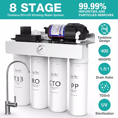 Buy T1-400 GPD 8 Stage UV Tankless Reverse Osmosis Water Filtration System Purifier • 169.99$