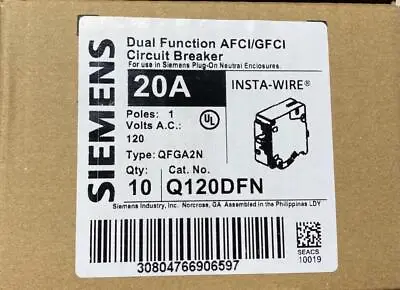 Buy Box Of 10 Siemens Q120dfn 20a Dual Afci/gfci Plug On Neutral Breaker Brand New • 489.99$