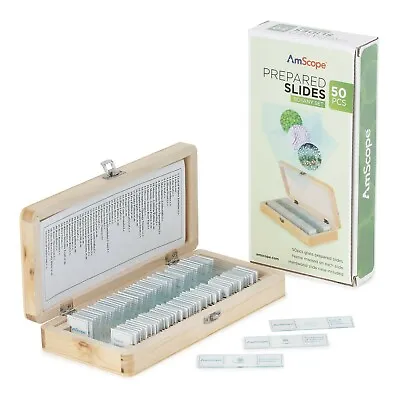 Buy Amscope 50pc Prepared Glass Microscope Botany Slide Specimens With Wooden Case • 29.99$