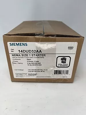 Buy Siemens 14DUD32AA Name Size 1 Starter 5.5-22amps Adjustable Overload NEW SEALED • 298.99$