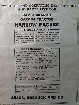 Buy Sears David Bradley Tractor Culti Packer Implement Owner &Parts Manual 917.57521 • 47.99$