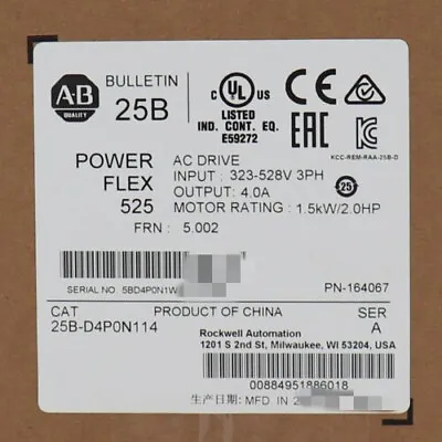 Buy Allen-Bradley AB 25B-D4P0N114 PowerFlex 525 AC Drive 1.5kW 2HP Factory Sealed • 315$