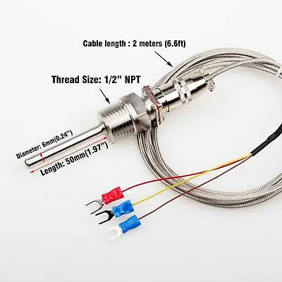 Buy RTD PT100 Temperature Sensor Probe 1/2  NPT Threads High Temp Resistance ZOK • 13.25$