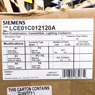 Buy Siemens 30A Lighting Contactor LCE01C012120A • 950$