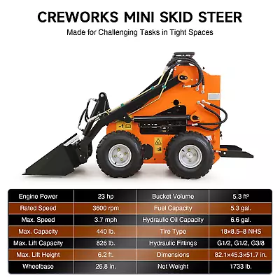 Buy Creworks 23HP Mini Skid Steer 1733lbs Gas EPA Engine Track Loader Electric Start • 6,399$