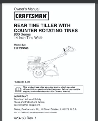 Buy Craftsman Garden TILLER Model 917.299060 Owner's & Parts List Manual 104 Pages • 21$