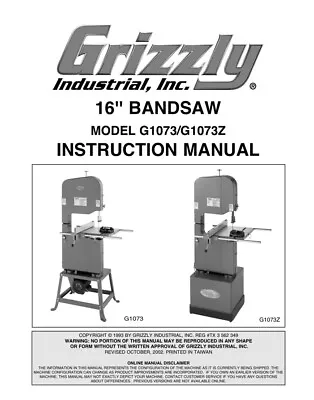 Buy Grizzly 16  Bandsaw G1073 & G173Z Instruction And Parts Manual Reprint • 18$