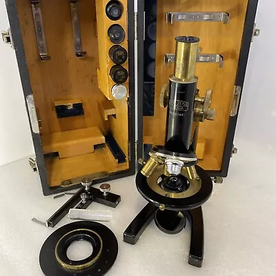 Buy 1936 Carl Zeiss Jena Brass & Black Microscope In Case With Extras VG • 450$