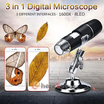 Buy 1600X 8 LED USB Zoom Digital Microscope Hand Held Magnifier Biological W/ Stand • 25.29$