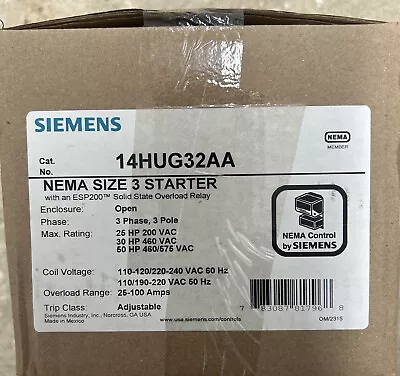 Buy Siemens Size 3 Contactor 14HUG32AA 120/240V Coil 25-100A Esp200 Overload Block • 820$