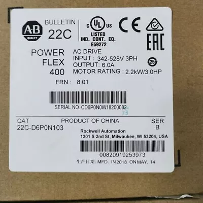 Buy New Factory Sealed Allen-Bradley 22C-D6P0N103 PowerFlex400 2.2kW 3.0 HP AC DRIVE • 569$