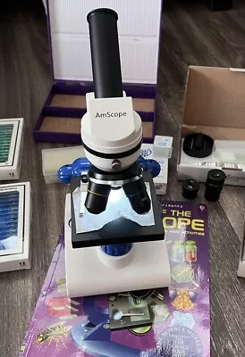 Buy AmScope 40X-1000X Dual Lt Glass Lens Stdnt Microscope W Slides, Tools, Book Used • 130$