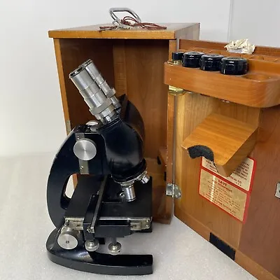 Buy 1950’s Bausch Lomb Binocular Microscope Wood Case 2 Keys Blue Filter + More! • 445$