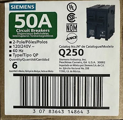 Buy Siemens Q250 2 Pole 50 Amp 120/240v Type QP Plug On New Box Of 6 Pcs • 74.99$