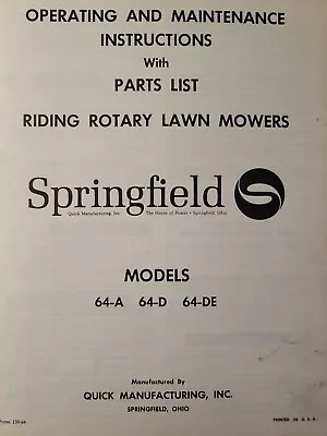 Buy Springfield Quick Riding Lawn Mower Tractor 64-A 64-D Owner & Parts Manual 1964 • 55.24$